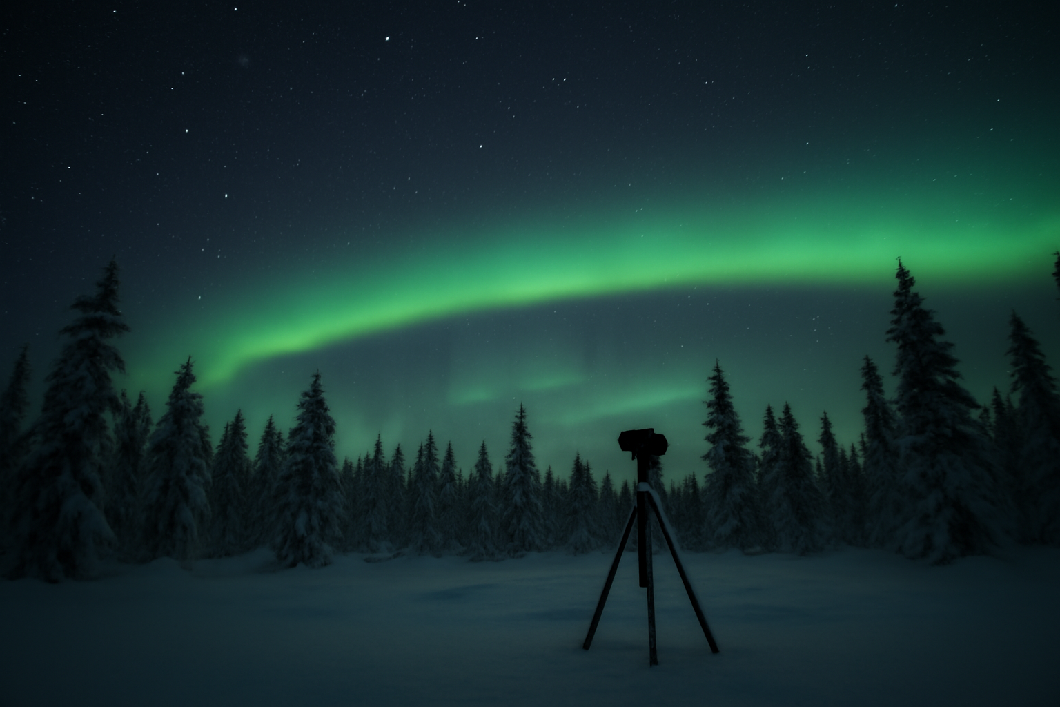 Langit malam dengan aurora hijau di atas hutan pinus bersalju dan kamera di atas tripod