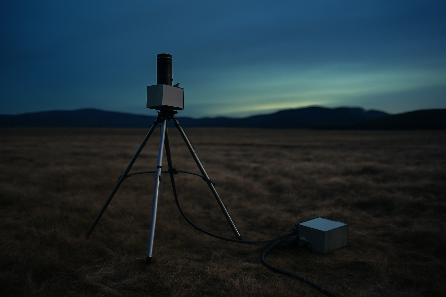 Stasiun magnetometer di lapangan terbuka saat senja dengan cahaya aurora samar di cakrawala