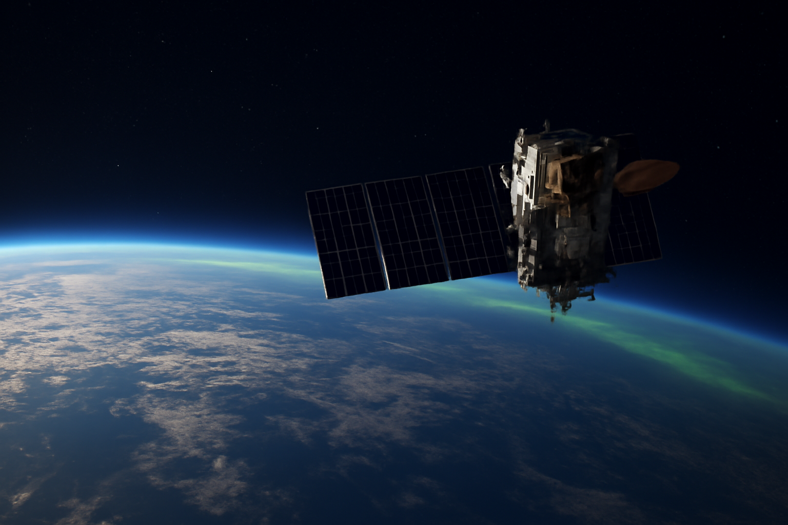 Satelit di orbit rendah Bumi dengan aurora di horizon, menggambarkan dampak badai geomagnetik pada orbit